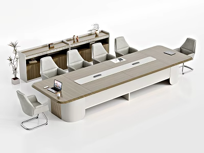Modern Conference Table Interior With Wooden Top And Gray Office Chairs 3d model