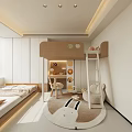 Modern Kids Room Interior Design With Bunk Bed Desk Chair And Rabbit Patterned Rug