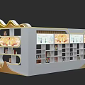 Modern Display Cabinet Interior with Multiple Shelves Books Wooden Table and Yellow Design