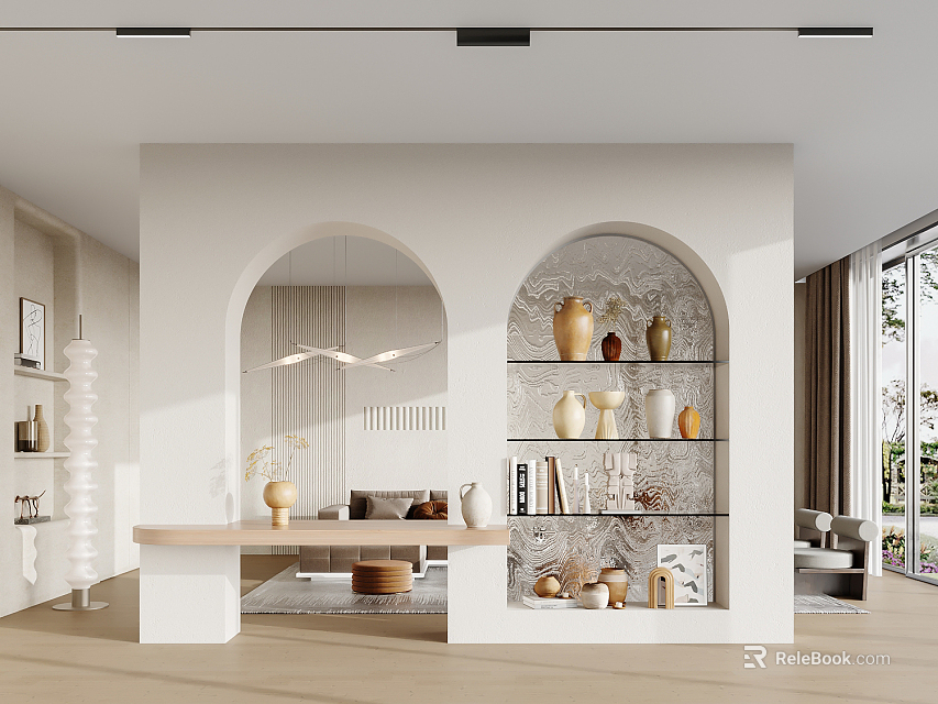 Elegant Modern Interior With Arched Partition Featuring Decorative Shelves And Vases 3d model 