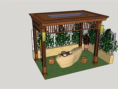Wooden Garden Pavilion With Skylight Stone Table Stools And Green Plants 3d model