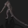 Scary Alien Monster with Sharp Teeth Spiked Back and Slim Gray Body in Dark Background