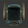 Blue Wheelchair With Black Seat Large Spoke Wheels And Metal Frame