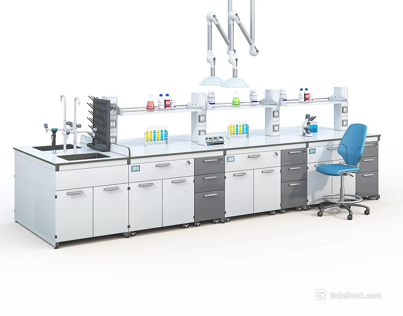 Modern Laboratory Interior With Lab Bench Cabinets Reagent Bottles And Ventilation Arm 3d model 