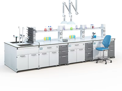 Modern Laboratory Interior With Lab Bench Cabinets Reagent Bottles And Ventilation Arm 3d model