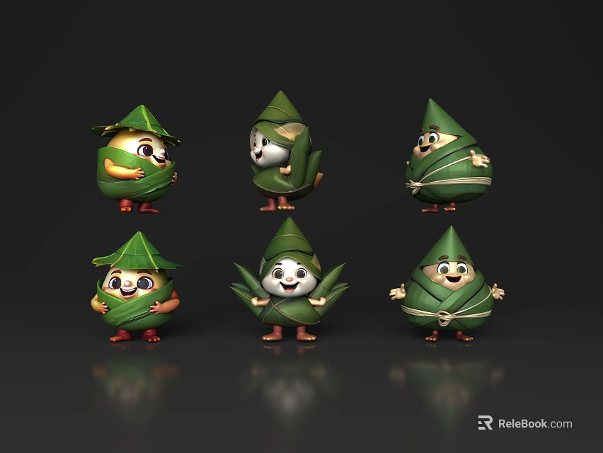 Cartoon Zongzi Characters Wrapped In Green Bamboo Leaves With Cute Expressions 3d model 