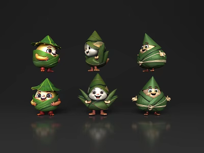Cartoon Zongzi Characters Wrapped In Green Bamboo Leaves With Cute Expressions 3d model
