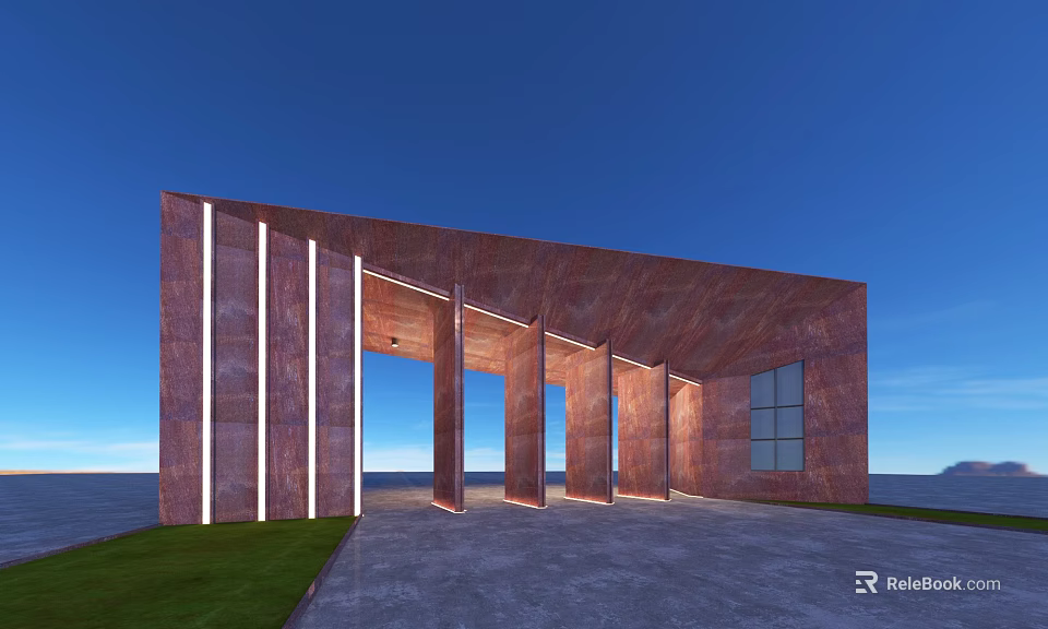 Modern Building Exterior Wall Featuring Rusty Red Material Vertical Light Strips And Sloped Structure 3d model 