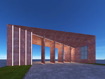 Modern Building Exterior Wall Featuring Rusty Red Material Vertical Light Strips And Sloped Structure 3d model