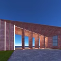 Modern Building Exterior Wall Featuring Rusty Red Material Vertical Light Strips And Sloped Structure 3d model