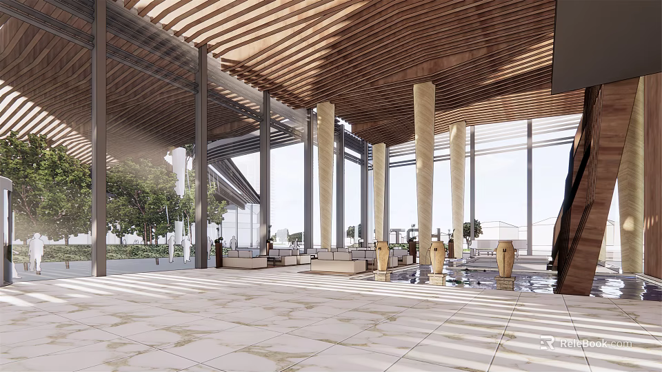 Hotel Lobby Interior Design With Wooden Ceiling Large Glass Windows Stone Pillars And Marble Flooring 3d model 