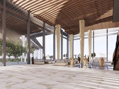 Hotel Lobby Interior Design With Wooden Ceiling Large Glass Windows Stone Pillars And Marble Flooring 3d model