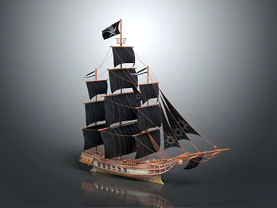 Pirate Ship Model With Black Sails Jolly Roger Flag And Wooden Structure 3d model
