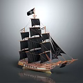 Pirate Ship Model With Black Sails Jolly Roger Flag And Wooden Structure