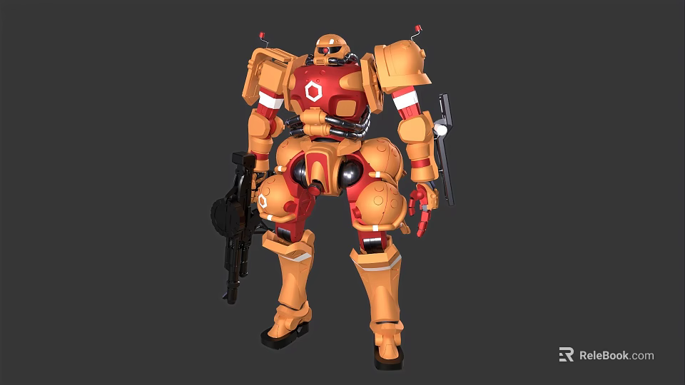 Futuristic Smart Machine With Orange Yellow Armor Red Accents And Mechanical Weapon 3d model 