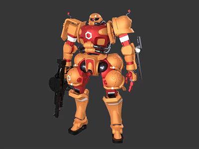 Futuristic Smart Machine With Orange Yellow Armor Red Accents And Mechanical Weapon 3d model