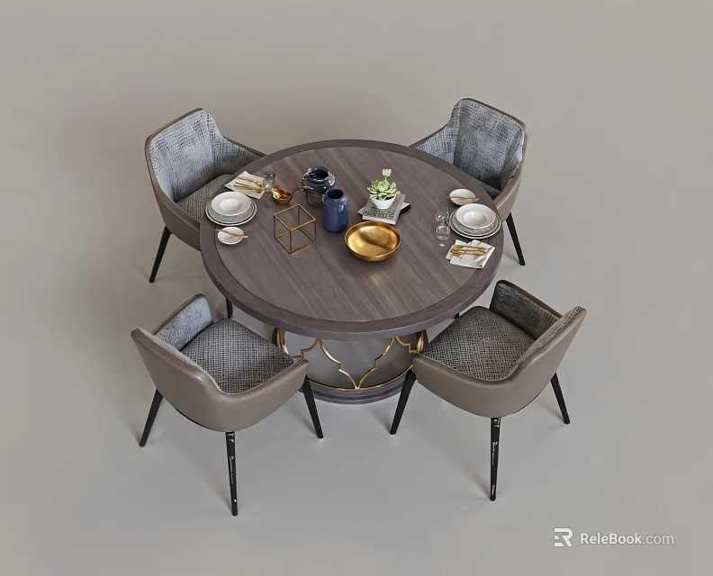 Modern Minimalist Round Wooden Dining Table Set With Four Light Gray Chairs And Decorative Tableware 3d model 