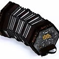 Vintage Black Accordion with Intricate Gold Carvings Musical Instrument Artisan Crafted Design