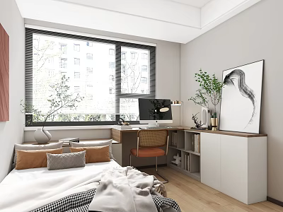 Modern Tatami Bedroom Interior With Tatami Bed Desk Computer Green Plants And Storage Cabinets 3d model