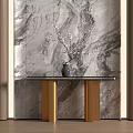 Elegant Entryway Console Table Side Cabinet With Golden Legs And Vase On Marble Wall