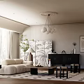Modern Living Room Interior With White Sofa Black Cabinet Chandelier Green Plant And Easel