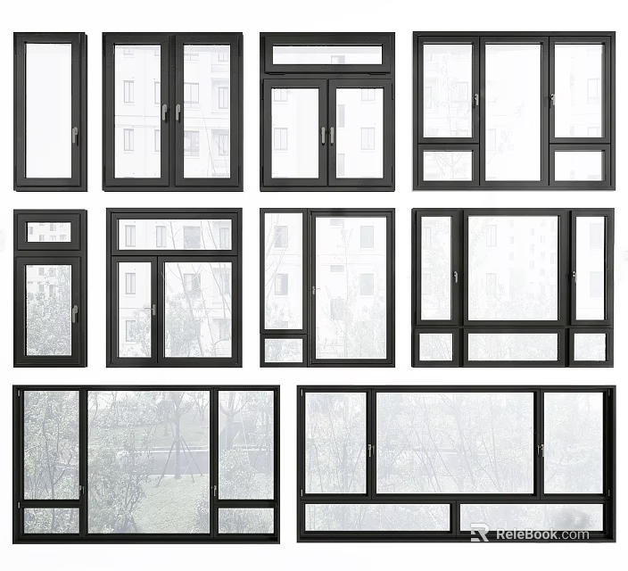 Various Modern Window Styles With Black Frames And Different Pane Designs 3d model