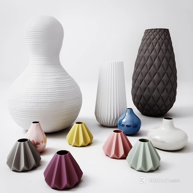 Decorative Ceramic Vessels in Various Colors Different Shapes and Textured Patterns 3d model