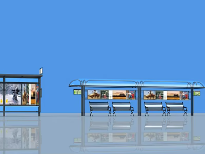 Modern Bus Station Featuring Blue Roof Benches And Information Display Windows 3d model