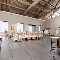 School Art Studio Interior With Wooden Ceiling Tables White Tablecloths Easels And Windows