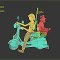 Vibrant Red Motorcycle With Two Riders Colorful Stickers Small Flags And Gray Background