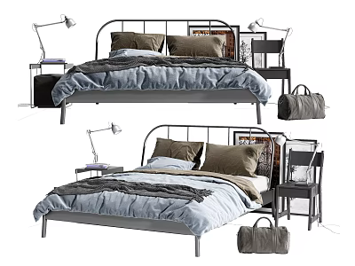 Double Bed with Metal Frame Soft Bedding Pillows Blanket Nightstand and Lamp 3d model