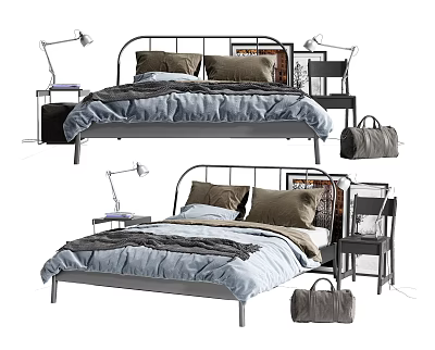 Double Bed with Metal Frame Soft Bedding Pillows Blanket Nightstand and Lamp 3d model