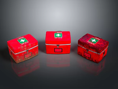Three Red First Aid Boxes With Green Cross And Lockable Metal Cases 3d model
