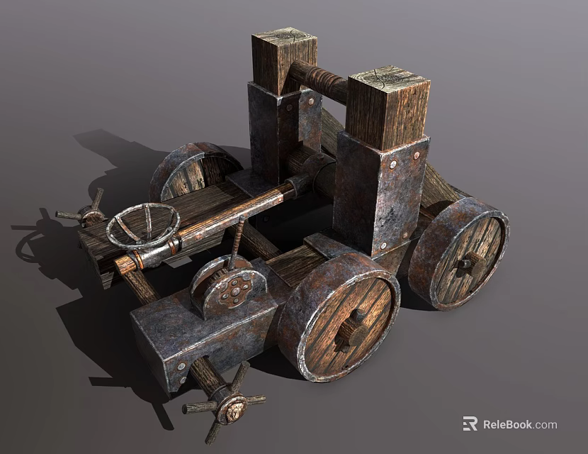Ancient Functional War Cart With Wooden Wheels Metal Structure And Launch Mechanism 3d model 