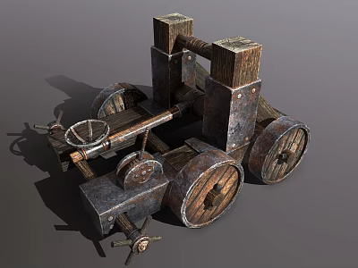 Ancient Functional War Cart With Wooden Wheels Metal Structure And Launch Mechanism 3d model