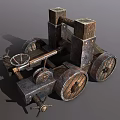 Ancient Functional War Cart With Wooden Wheels Metal Structure And Launch Mechanism