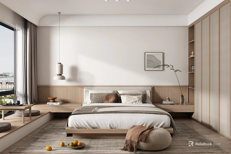 Modern Minimalist Bedroom With Wooden Bed Wardrobe Decorative Painting And Floor Lamp 3d model 