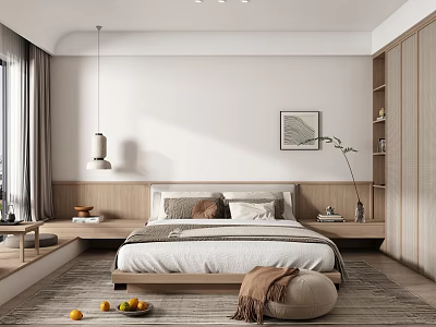 Modern Minimalist Bedroom With Wooden Bed Wardrobe Decorative Painting And Floor Lamp 3d model