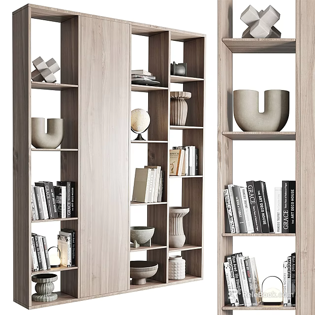 Modern Wooden Bookcase With Open Shelves Displaying Books Decorative Vases And Sculptures 3d model 