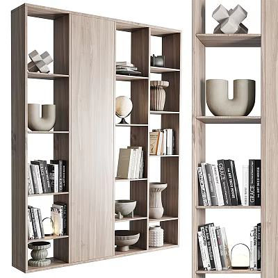 Modern Wooden Bookcase With Open Shelves Displaying Books Decorative Vases And Sculptures 3d model