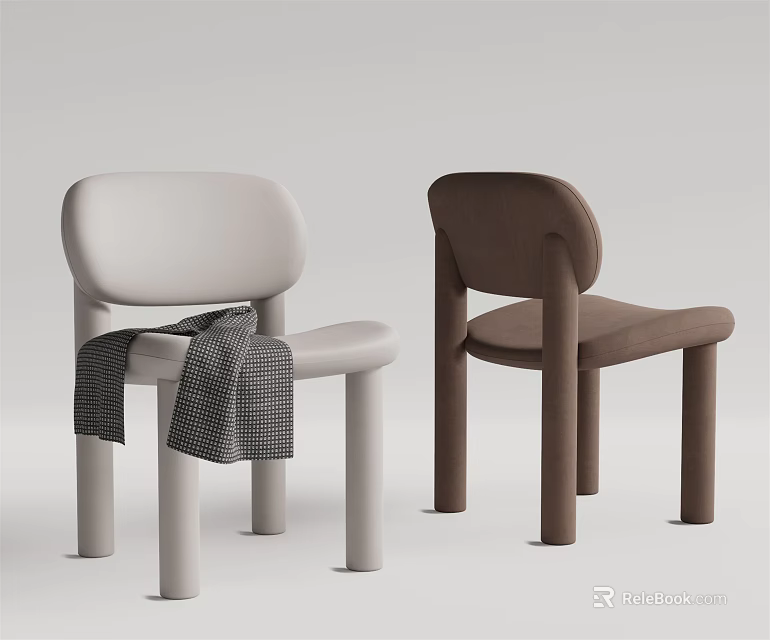 Modern White and Brown Dining Chairs with Plaid Blanket on White Chair 3d model 