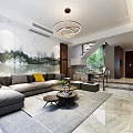 Modern Elegant Dining And Living Space With Marble Floor Round Dining Table And Stylish Chandelier