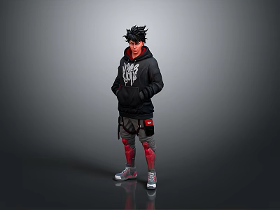 Man In Black Hoodie With White Graphic Black Cargo Pants Red Knee Pads Gray Sneakers 3d model