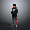 Man In Black Hoodie With White Graphic Black Cargo Pants Red Knee Pads Gray Sneakers