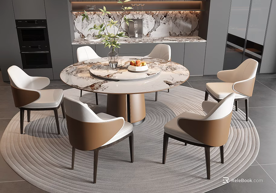 Modern Round Marble Dining Table Set With White Brown Chairs And Green Plant Centerpiece 3d model 