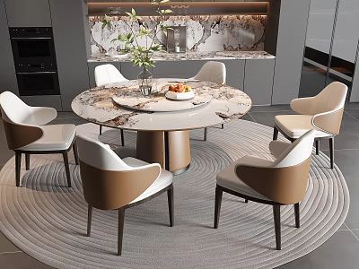 Modern Round Marble Dining Table Set With White Brown Chairs And Green Plant Centerpiece 3d model