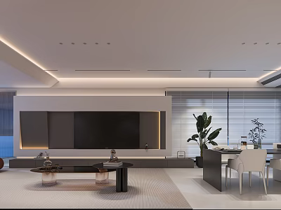 Modern Living Dining Room Interior With TV Wall Dining Table Ambient Lighting And Plants 3d model