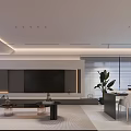 Modern Living Dining Room Interior With TV Wall Dining Table Ambient Lighting And Plants