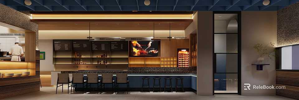 Japanese Restaurant Interior With Bar Counter Stools Food Display And Wooden Lighting 3d model 