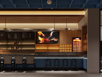 Japanese Restaurant Interior With Bar Counter Stools Food Display And Wooden Lighting 3d model